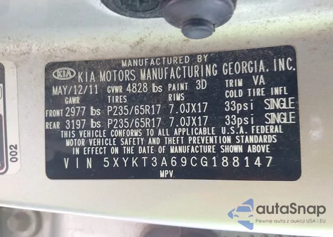 2012 Kia Sorento Lx из США, поврежденный, VIN 5XYKT3A69CG188147